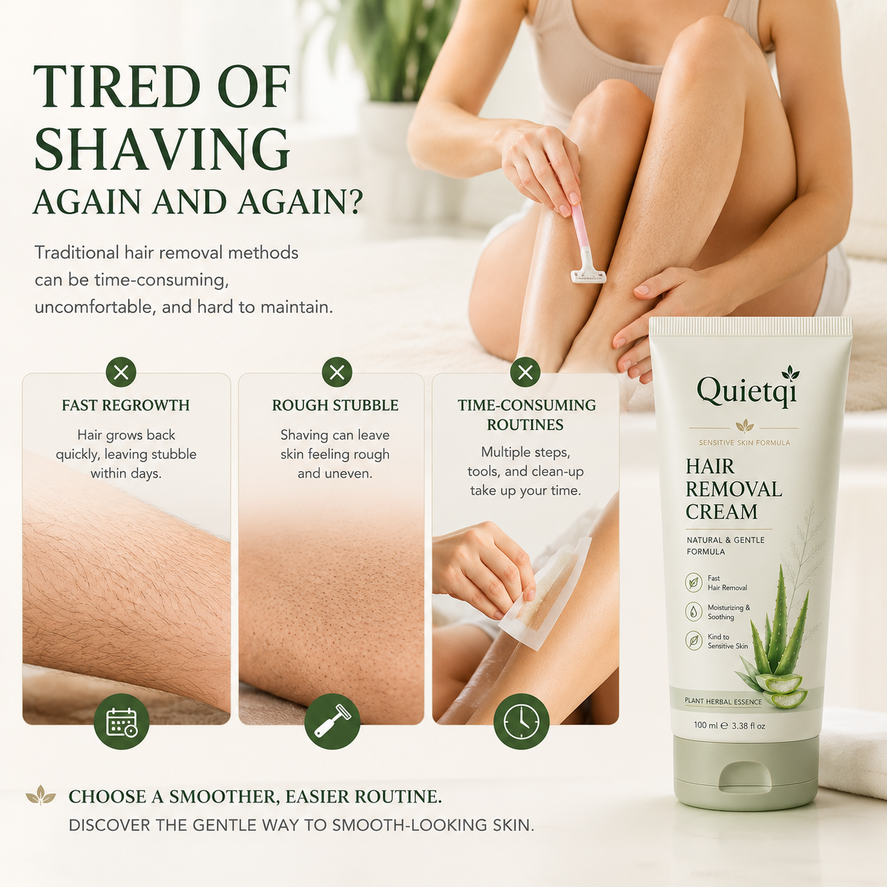 Quietqi Natural Gentle Hair Removal Cream | For Women & Men, Sensitive Skin